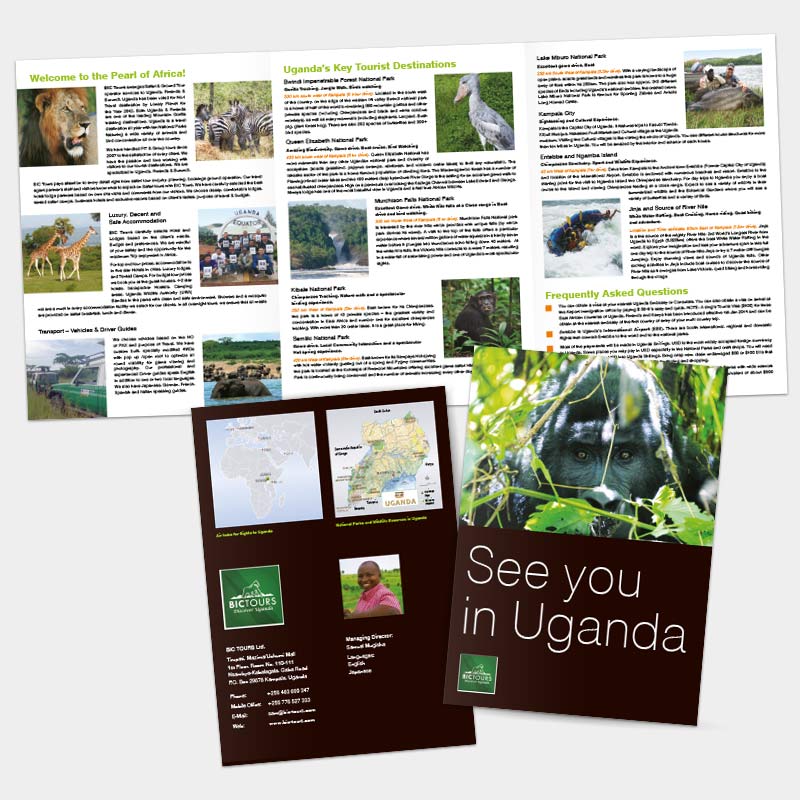 Faltflyer als Tourismuswerbung für die BIC Tours Ltd., Uganda | im Auftrag von Liebmann PR, Leipzig – Grafikdesign aus Leipzig