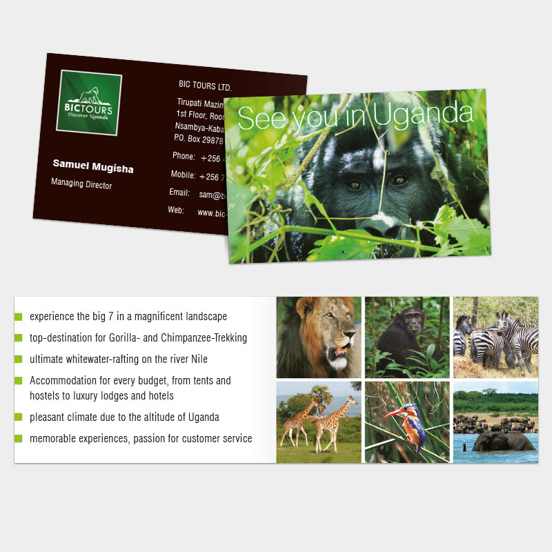 Klappvisitenkarte als Tourismuswerbung für die BIC Tours Ltd., Uganda | im Auftrag von Liebmann PR, Leipzig – Grafikdesign aus Leipzig