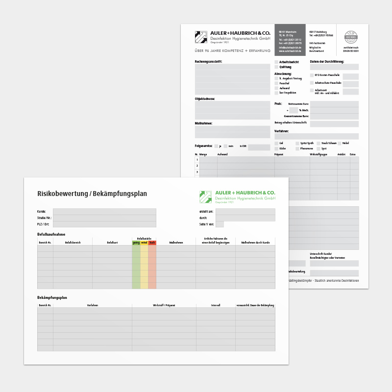 Formulare für die Auler + Haubrich & Co. Schädlingsbekämpfung & Desinfektion GmbH, Mannheim – Grafikdesign aus Leipzig