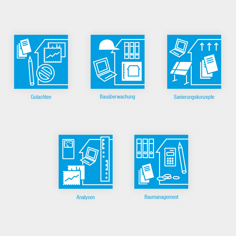 Icons für die Leistungsbereiche des ING-HL Ingenieurbüros