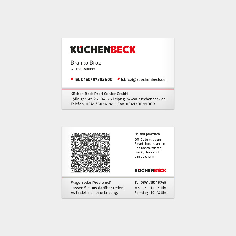 Visitenkarte mit vCard-QR-Code für KüchenBeck – Corporate Design aus Leipzig