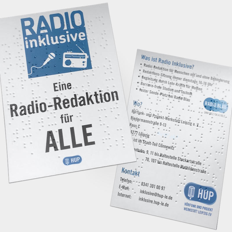 Flyer mit Brailletext-Prägung für HUP e.V. – Corporate Design aus Leipzig